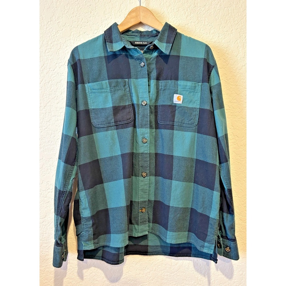 Carhartt Rugged Flex Flannel Shirt Green Buffalo Plaid Size M (8-10) Loose Fit